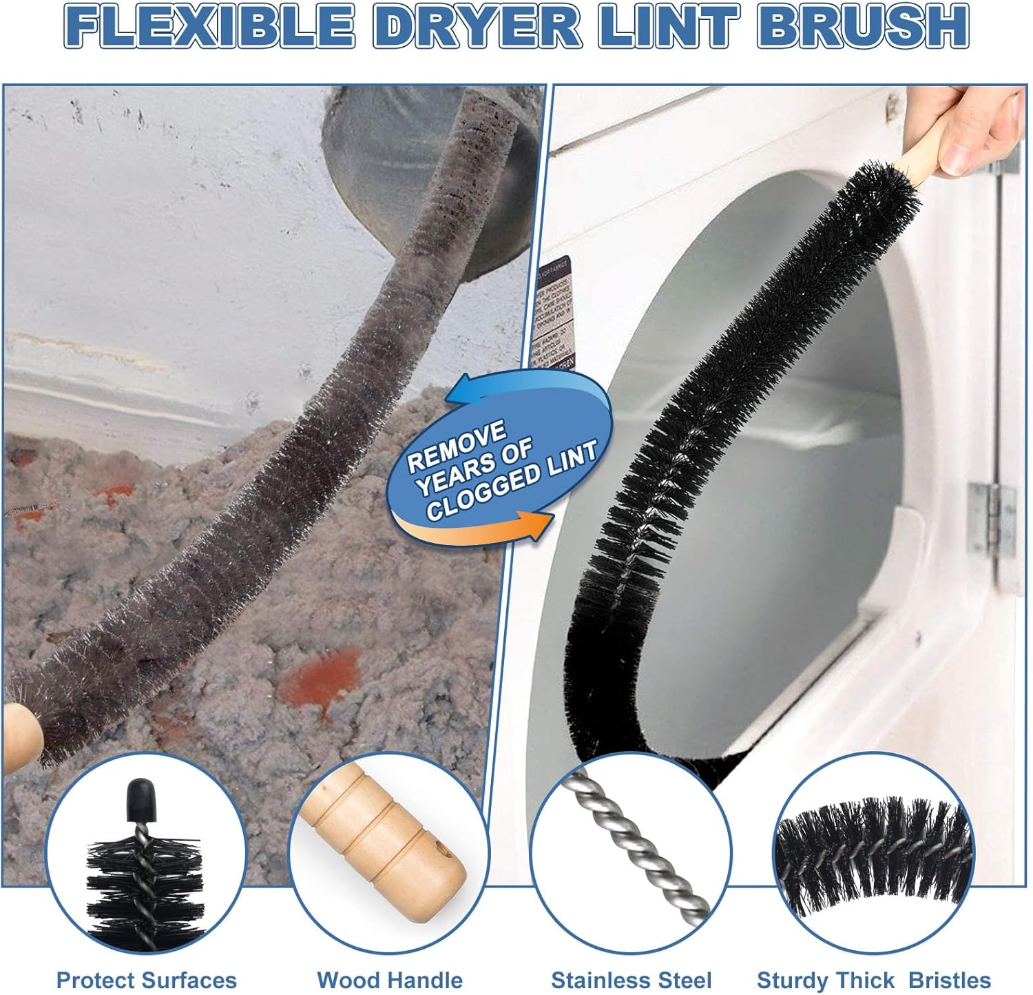 PetOde Dryer Vent Cleaner Kit - 2 Pieces Lint Brush & Vacuum Hose Attachment for Quick Lint Removal