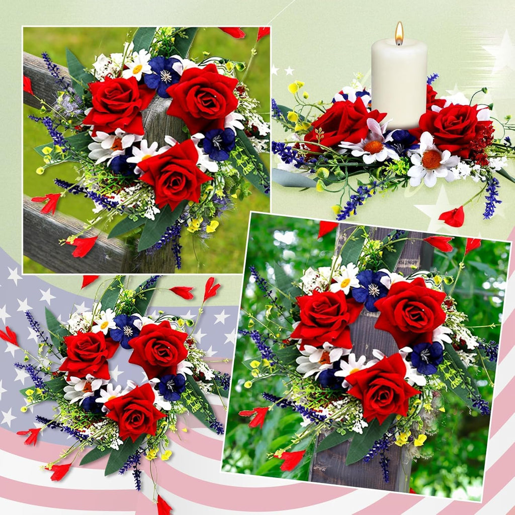 Veterans Day Candle Rings - 4 Pcs Red, White & Blue Mini Floral Wreaths for Patriotic Decor | 3 Inch