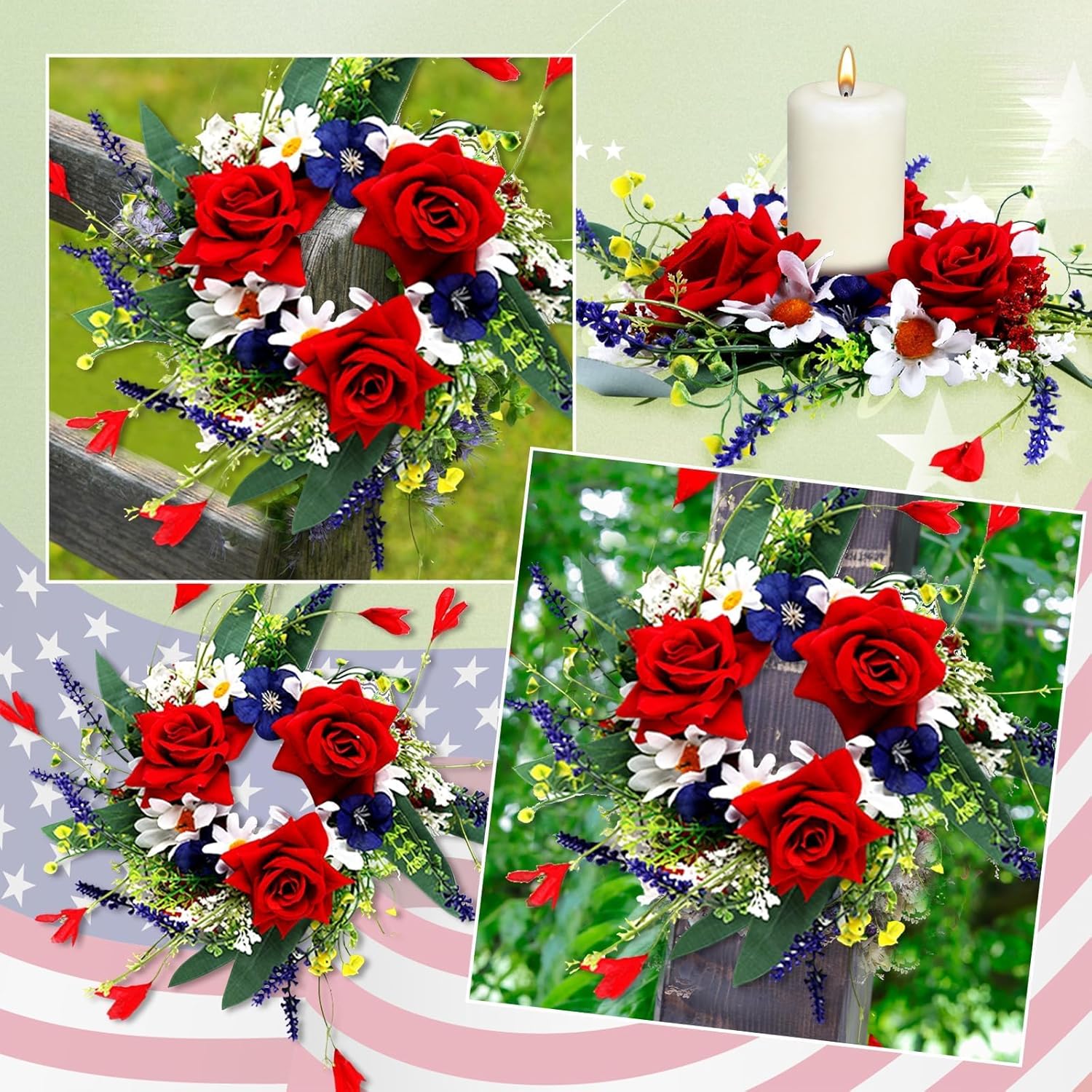Veterans Day Candle Rings - 4 Pcs Red, White & Blue Mini Floral Wreaths for Patriotic Decor | 3 Inch