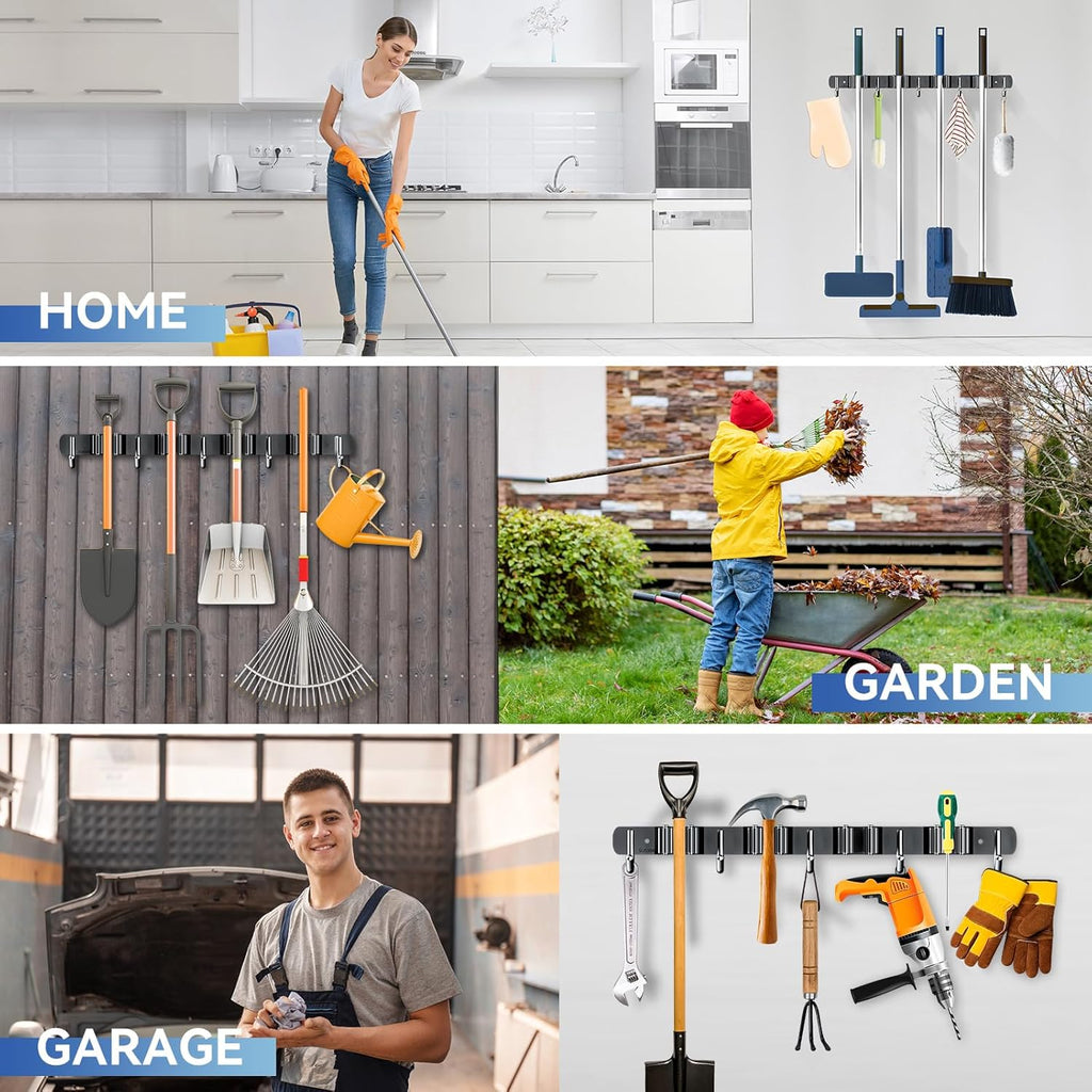 ZONGOOL Wall Mount Broom Holder - Heavy Duty 2 Pack Organizer with 4 Racks & 5 Hooks | Black