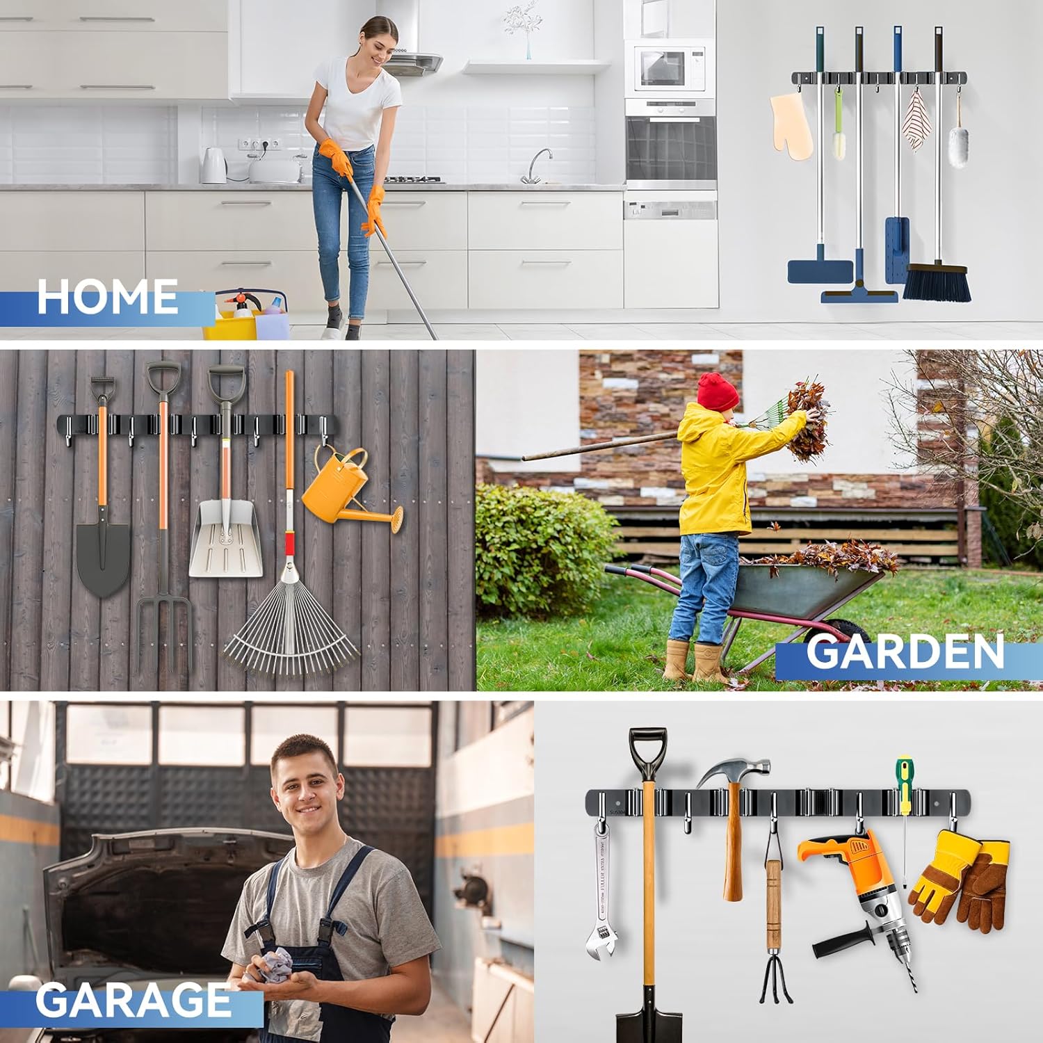 ZONGOOL Wall Mount Broom Holder - Heavy Duty 2 Pack Organizer with 4 Racks & 5 Hooks | Black