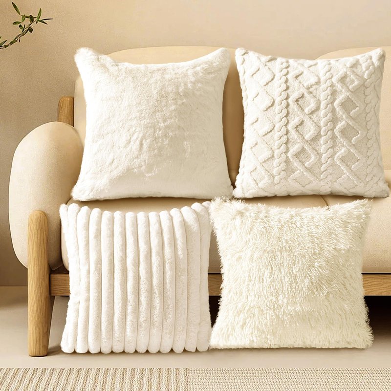 MelonBoat Square Throw Pillow Covers 18x18 inch, Rustic White Soft Plush Faux Fur Pillow Covers, Farmhouse Pillowcase Boho Pillow Cushion Case for The Home Bedroom Sofa Couch Livingroom, Set of 4