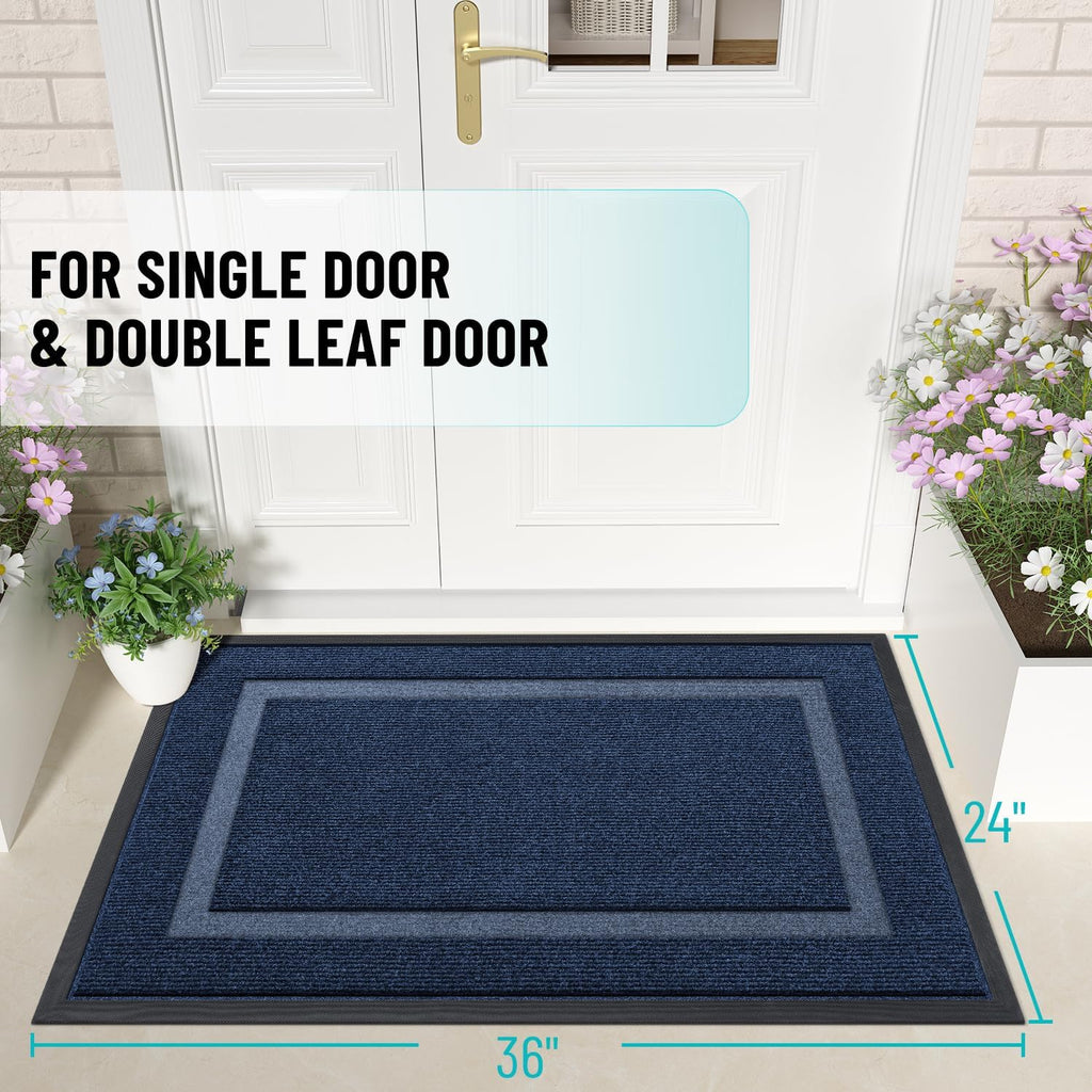 OLANLY Indoor Outdoor Front Door Mat - Waterproof All-Season Doormat, Sturdy Natural Rubber, 36x24, Blue