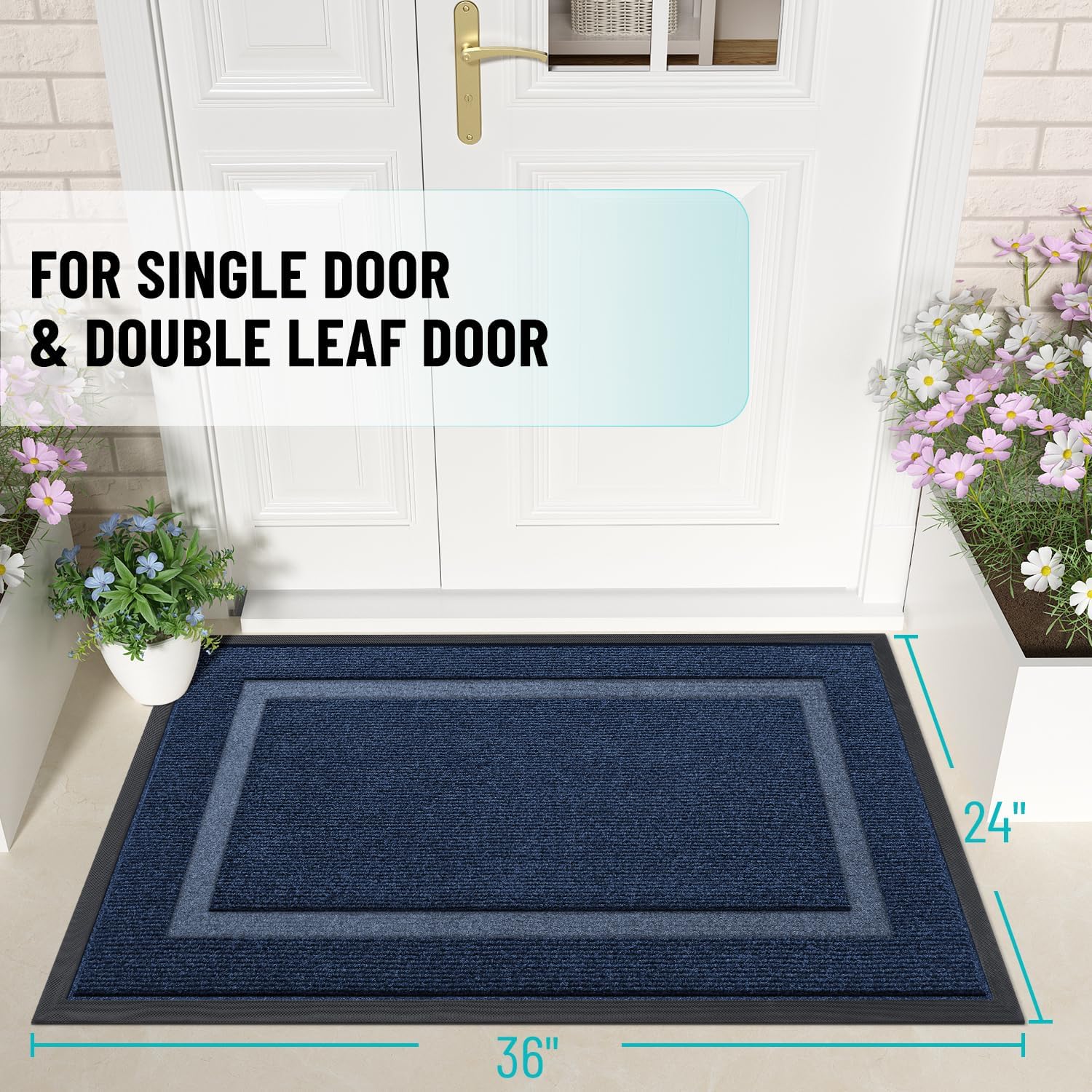 OLANLY Indoor Outdoor Front Door Mat - Waterproof All-Season Doormat, Sturdy Natural Rubber, 36x24, Blue