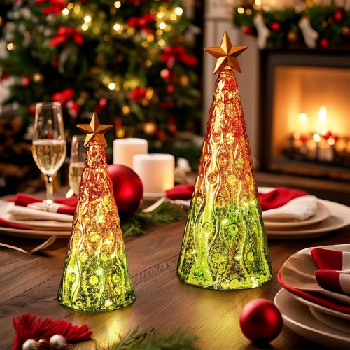 Lewondr Glass Christmas Trees - 2 PCS Mercury Tabletop Lamps with Built-in Lights | Green & Gold Decor