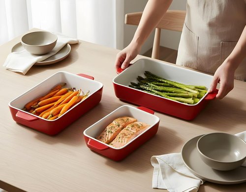 Kook Ceramic Bakeware Set - Rectangular Baking Dishes for Casseroles & Lasagna | Microwave & Dishwasher Safe, Set of 3 in Cherry