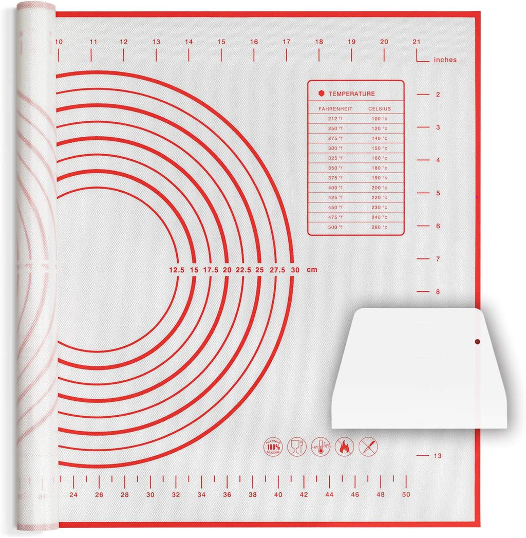 Skiennix Silicone Baking Mat - Non-Slip Pastry Sheet with Measurements | BPA-Free, 24 x 16 Inches, Red + Dough Scraper