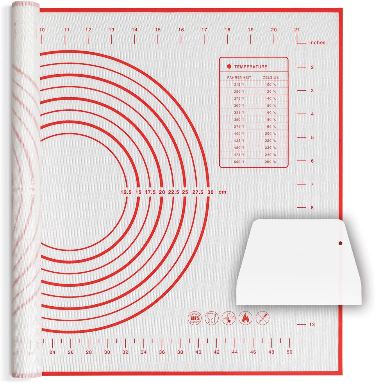 Skiennix Silicone Baking Mat - Non-Slip Pastry Sheet with Measurements | BPA-Free, 24 x 16 Inches, Red + Dough Scraper