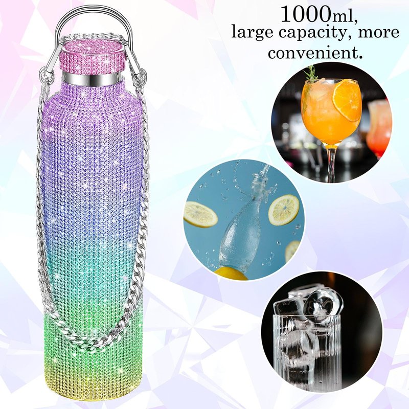 Geiserailie Diamond Water Bottle Bling Rhinestone Stainless Steel Thermal Bottle Refillable Insulated Glitter Water Jug with Chain for Women Girls Gifts(1000 ml,Rainbow)