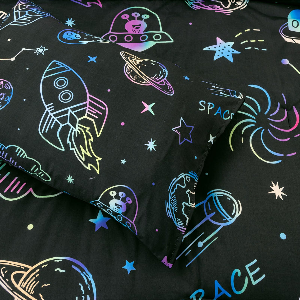 Aimuan Space Comforter Twin Set Kids Rocket Bedding Set Super Soft & Cute Aliens UFO Printed for Boys Girls Teen (Black, Full 5Pcs)