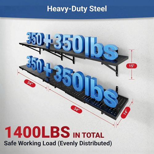 FLEXIMOUNTS Heavy-Duty Garage Shelving - 14-Inch x 68-Inch Perforated Wall Shelf | 1400 lbs Load Capacity