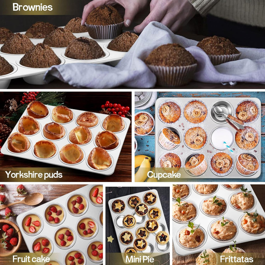 TeamFar 12-Cup Muffin Pan - Stainless Steel Non-Toxic Baking Tin | Easy Clean & Dishwasher Safe