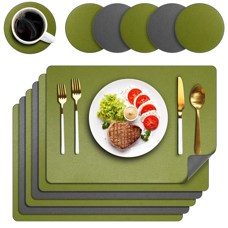 Placemats Set of 6, Two Sided placemat with Coaster -Waterproof - Heat Resistant - Wipe Clean - Anti Slip Dining Table Place Mats, Suitable for Indoor & Outdoor Use(Green & Gray)