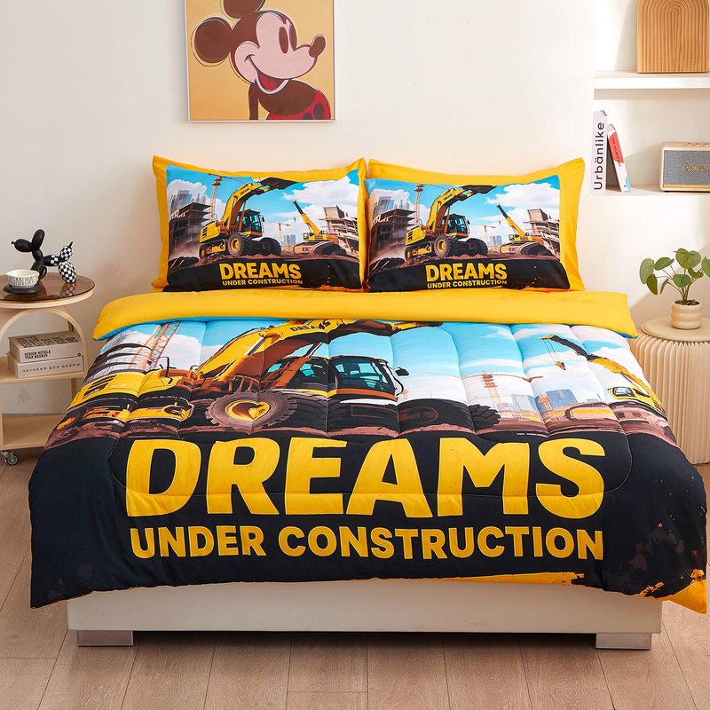 ZUEXVOFY Yellow Digger Twin Bedding Set for Boys – 5 Piece Comforter Bed Sheets Set, Kids’ Bedroom Decor, Teen Boy Room, Car and Excavator Theme, Kids’ Gift, Children’s Twin Bed in a Bag