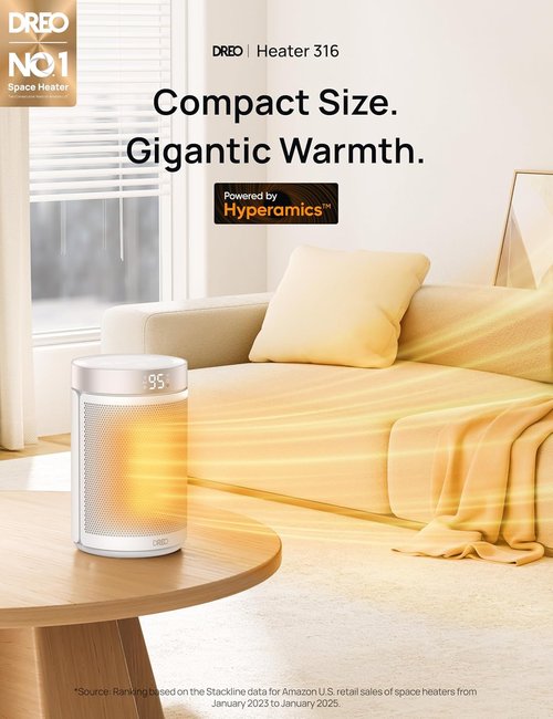 DREO Portable Electric Space Heater - 1500W PTC Ceramic with Thermostat & Remote | 12H Timer, 5 Modes