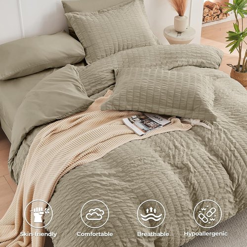 HYMOKEGE Linen Full Size Comforter Set - 7-Piece Seersucker Luxury Bedding in a Bag | All-Season Comfort