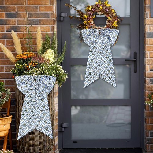HunnmingRe Christmas Wreath Sash - 2 Pcs Blue Block Print Bow | 24 x 16 Inch Floral Burlap Decor
