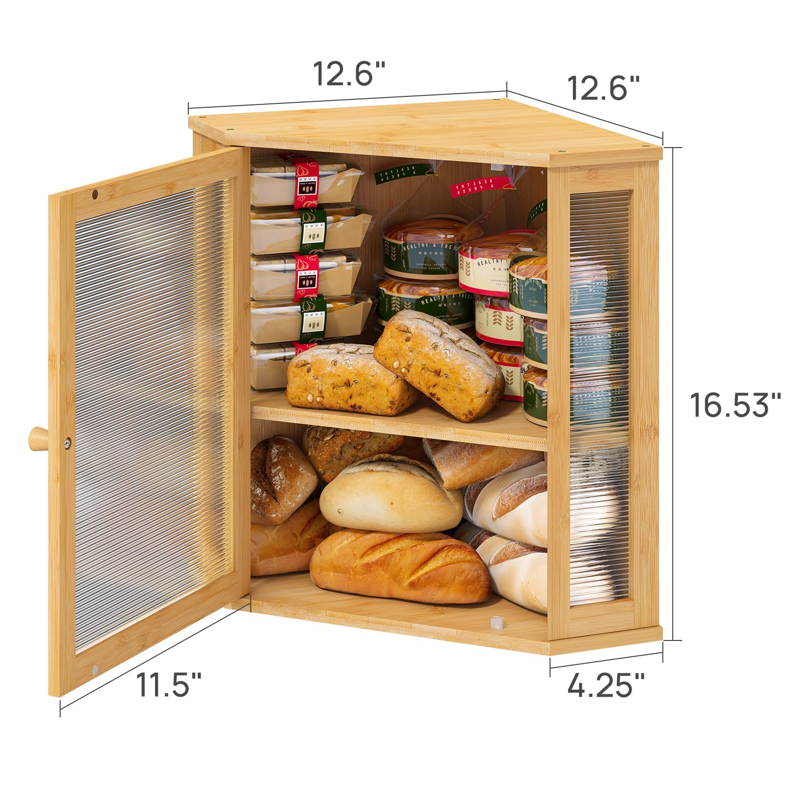viewcare Corner Bread Box for Kitchen Counter, Bamboo Wood Large Capacity Bread Storage Bin with Acrylic Wavy Door Panel (Natural, Extra Large)