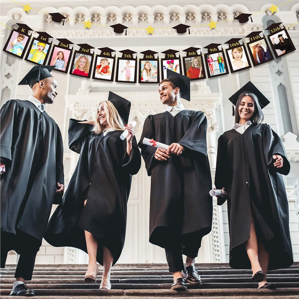 Whaline Graduation Photo Banner - No DIY Required | Black Gold Glitter Bunting for K-12 Decor, 5 x 7 Inch