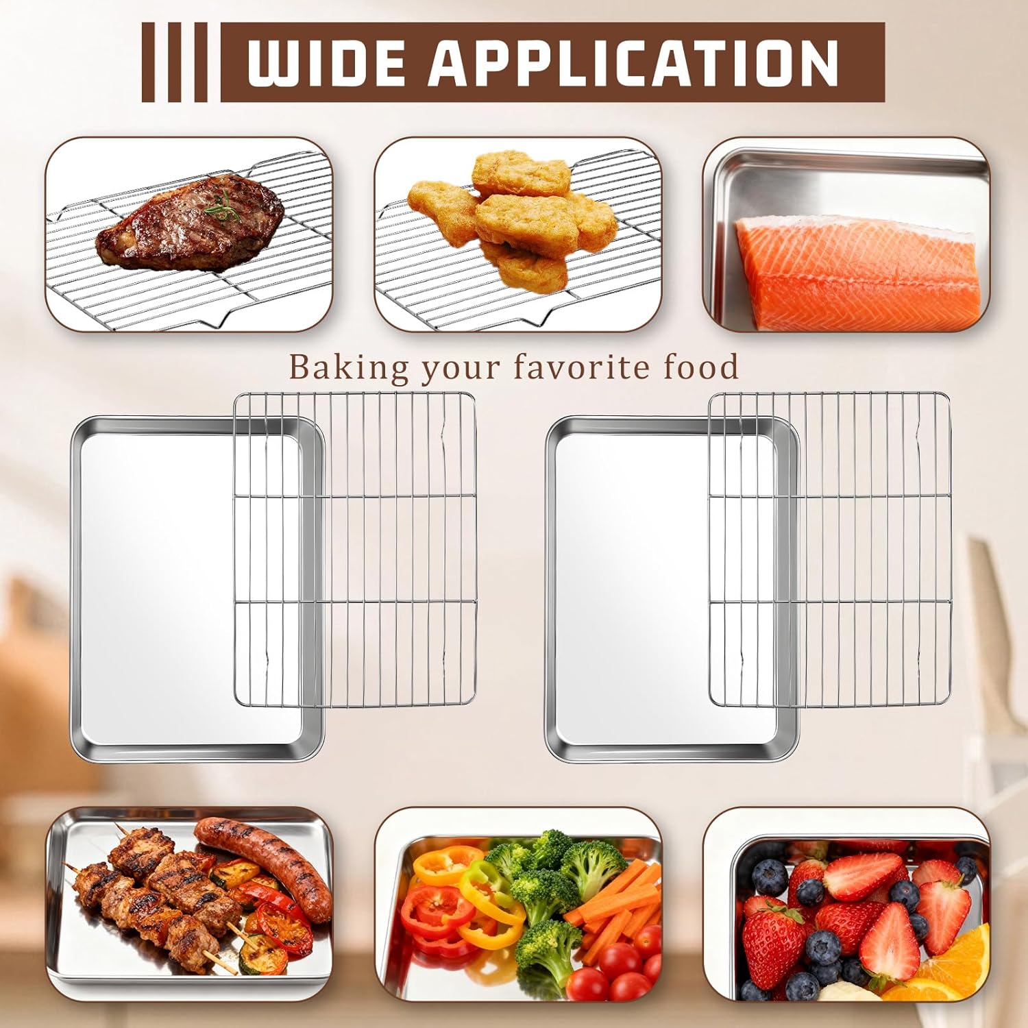 Stainless Steel Baking Sheet Set by [Brand Name] - 2 Pans & Racks, Rust-Free, Nonstick | 12.4 x 9.6 x 1.2 Inch