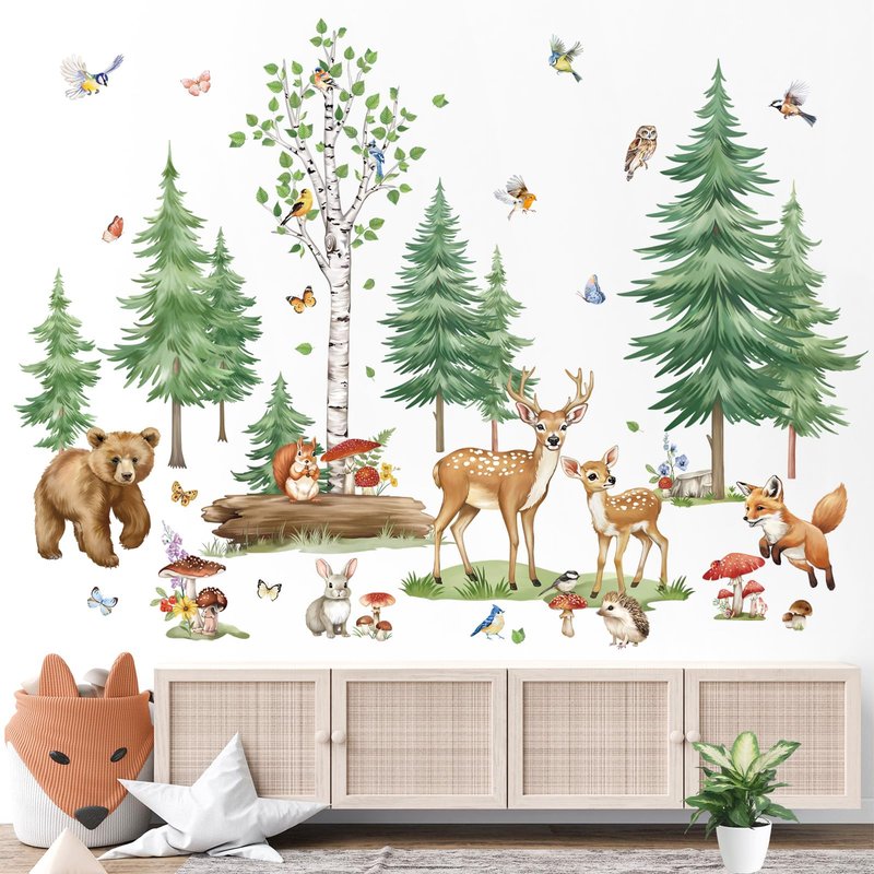 wondever Large Pine Tree Woodland Animals Wall Stickers Forest Birch Bear Deer Fox Peel and Stick Wall Art Decals for Baby Nursery Kids Bedroom