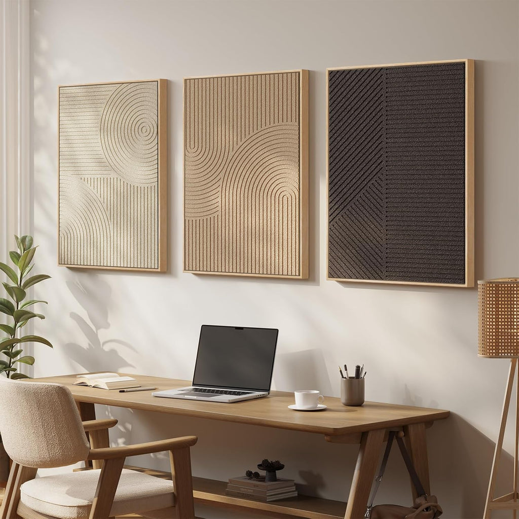 Skiennix Large 3D Textured Boho Wall Art - Modern Minimalist 3-Piece Set in Brown Beige Tan | 20x30 In
