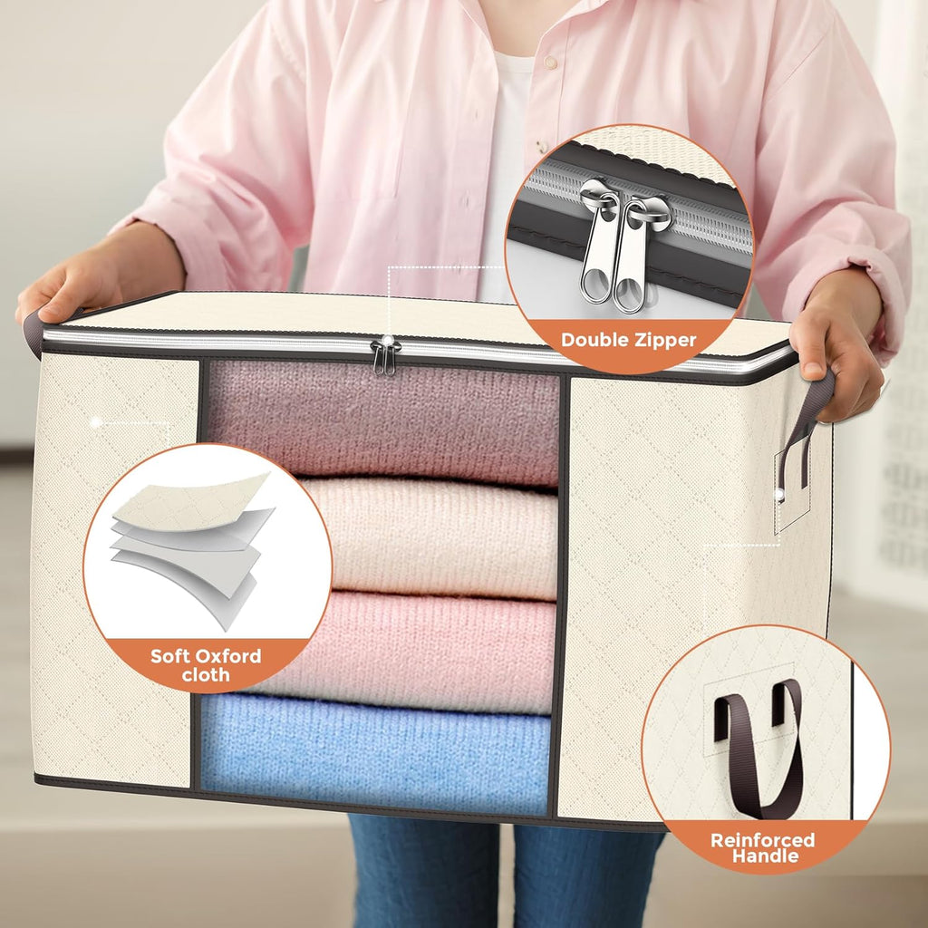 Skiennix 90L Large Storage Bags - 4 Pack Foldable Closet Organizers with Reinforced Handles | Beige