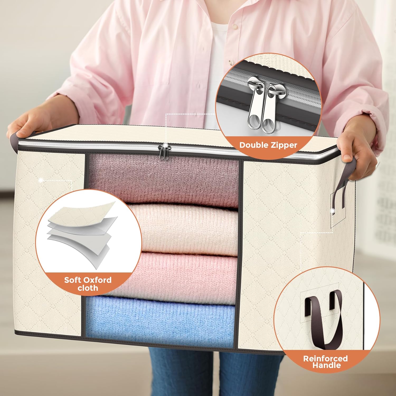 Skiennix 90L Large Storage Bags - 4 Pack Foldable Closet Organizers with Reinforced Handles | Beige