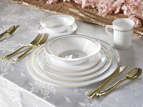 " OCCASIONS " 40 Mugs Pack, Heavyweight Disposable Wedding Party Plastic 8 oz Coffee Mugs/Tea Cups/Cappuccino Cups/Espresso Cup with Handles (8 oz Coffee, White & Gold Rim)