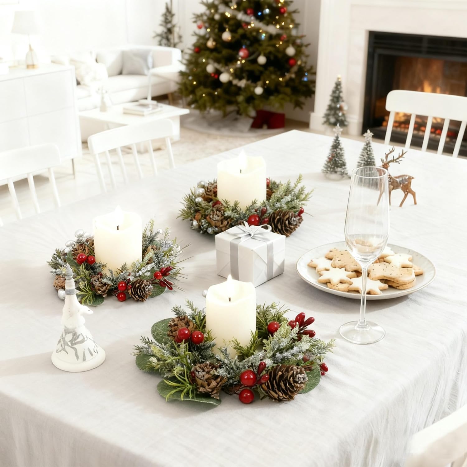 Skiennix Christmas Candle Rings - Mini Wreaths with Snowy Pinecone & Red Berry - Set of 6 (Red)