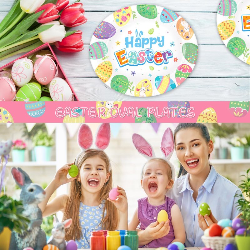 50 Count Easter Plates Heavy Duty, Large Disposable Easter Oval Paper Plates, 10" X 12.5" Happy Easter Platters Dinner Party Plate Pastel Eggs Dinnerware Tableware Spring Holiday Party Supplies