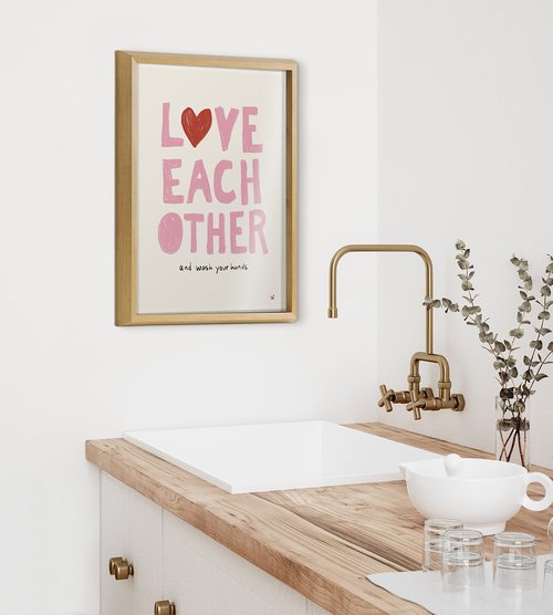 Kate and Laurel Blake Love Each Other and Wash your Hands Framed Printed Glass Wall Art by Kelly Knaga, 16x20 Natural, Decorative Inspirational Art for Wall