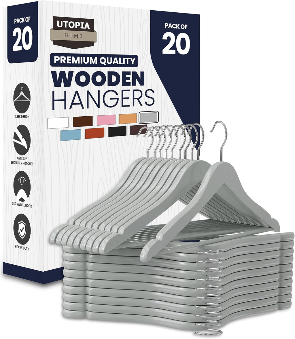 Utopia Home Wooden Hangers 20 Pack - Durable Slim Coat Hangers with 360-Degree Rotatable Hook - Grey