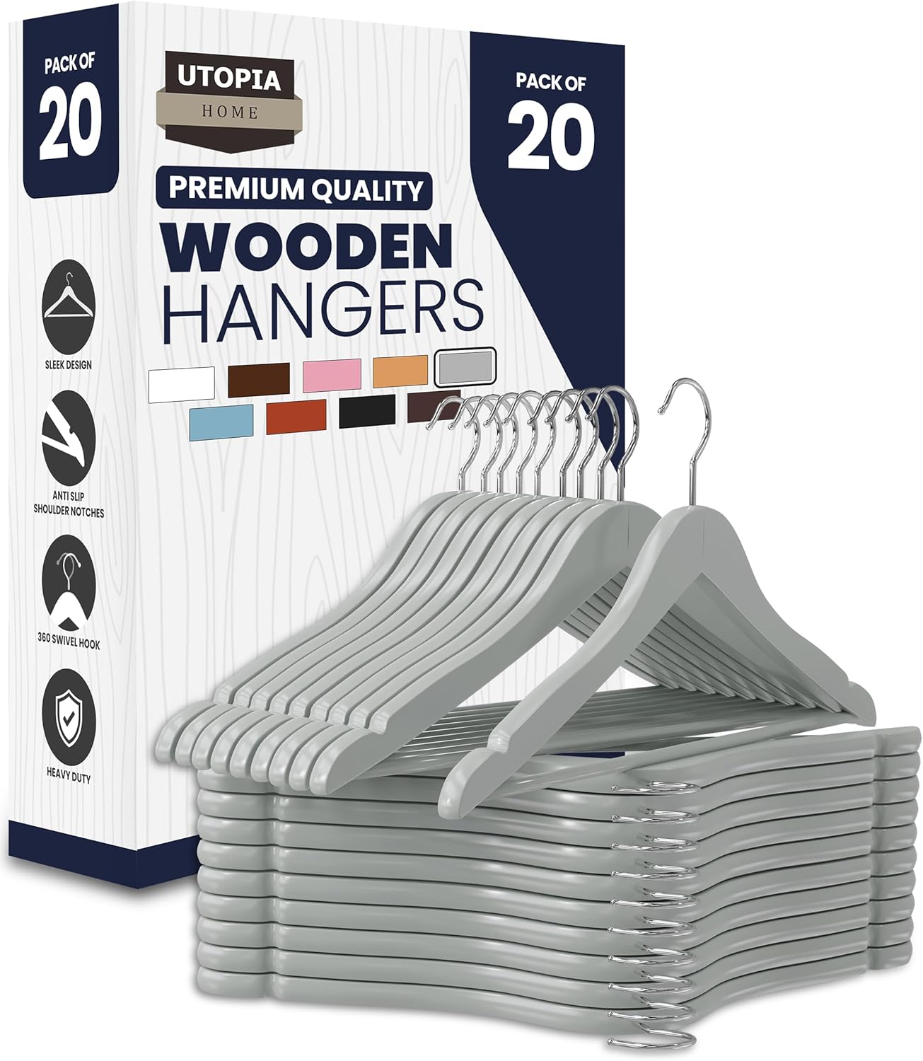Utopia Home Wooden Hangers 20 Pack - Durable Slim Coat Hangers with 360-Degree Rotatable Hook - Grey