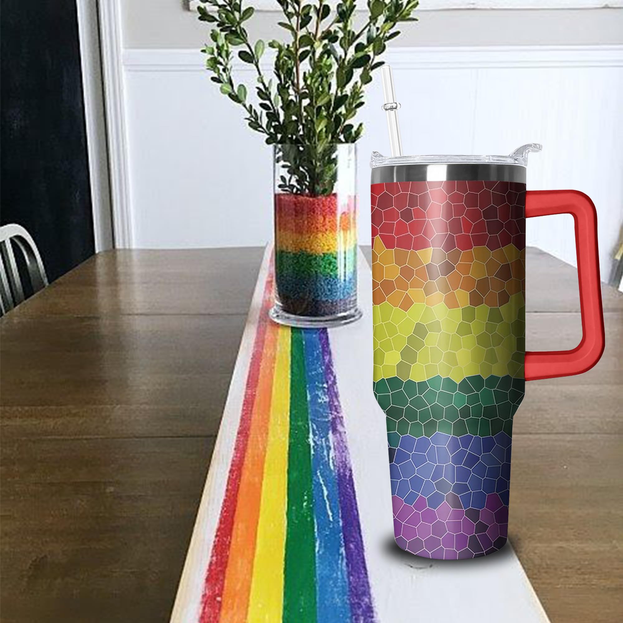 Lumumanber 40oz Rainbow Heart Tumbler with Handle and Straws, Gifts for Gays Lesbian LGBTQ, Gay Pride Flag Coffee Mug Water Bottle, LGBT Stainless Steel Insulated Cup,Valentines Birthday Gift