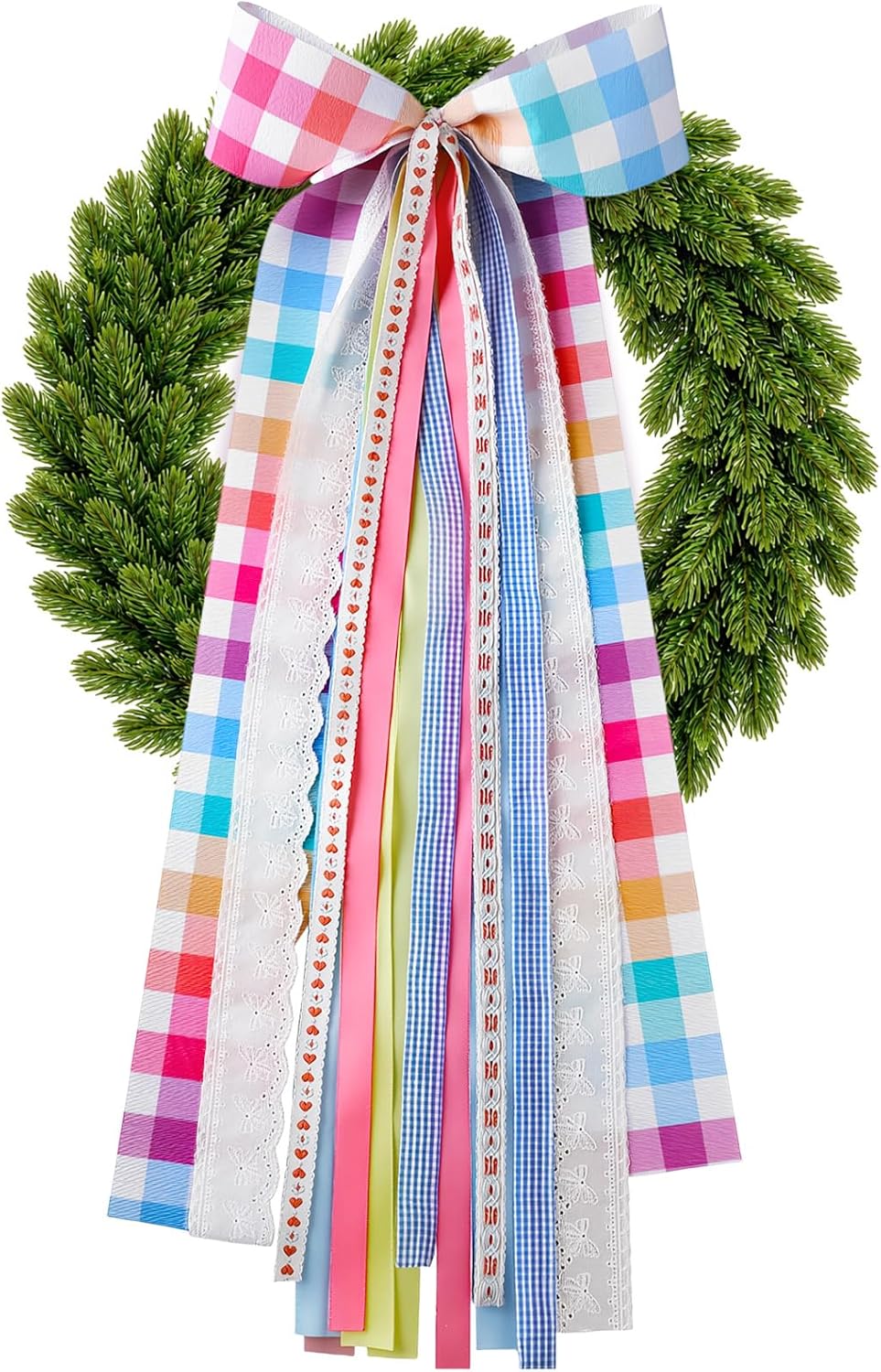 Riceshoot Large Spring Wreath Sash - Pink Plaid Bow & Clip for Front Door | 9.84'' x 23.62'' Easter Decor