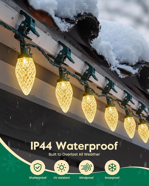 C9 Christmas Lights - 100 LED Waterproof String Lights for Outdoor Decor | 65FT Warm White with 100 Spring Clips