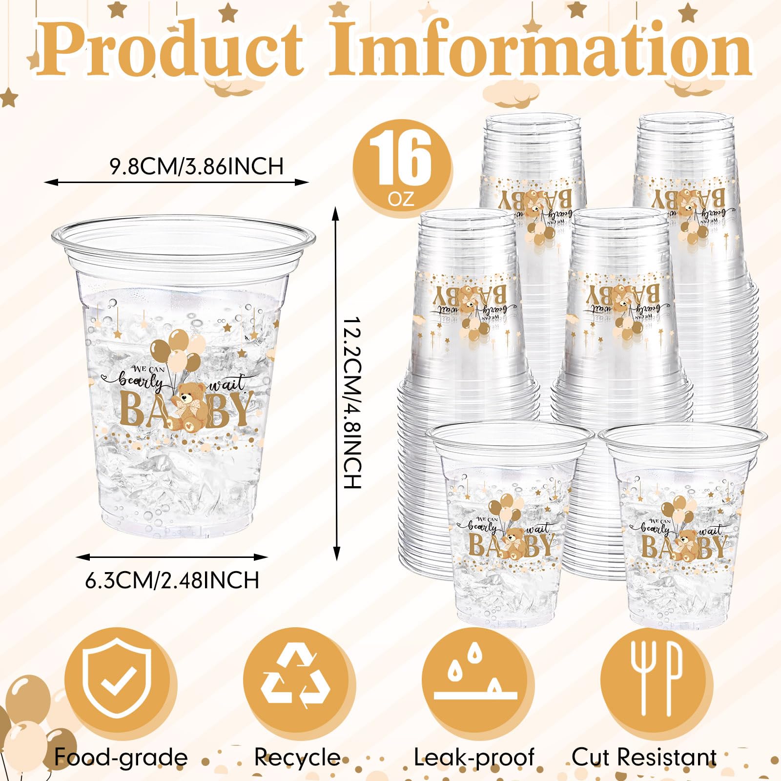 Funnymoom 60 Pcs Brown Bear Plastic Cups 16 oz Disposable Clear Baby Shower Drinking Cups for Bee Theme Party Gender Reveal Supplies Decoration