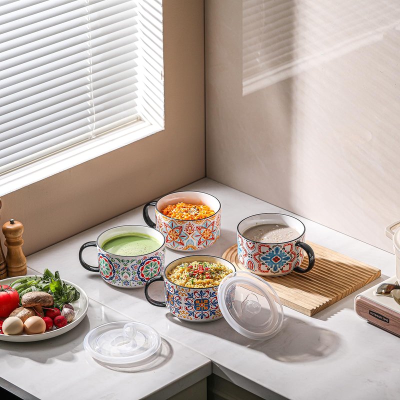 Chubacoo Jumbo Soup Bowl with Lid: 38 oz Ceramic Soup Mug with Big Handle for Ramen Cereal Breakfast Meal Prep Office Lunch Dorm Living - Microwave Safe Extra Large Food Container - Pattern C