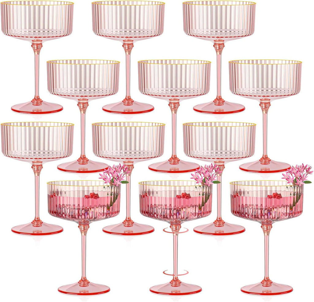 Skiennix 12 PCS Pink Ribbed Coupe Glasses - 10oz Vintage Cocktail Cups with Detachable Gold Rim