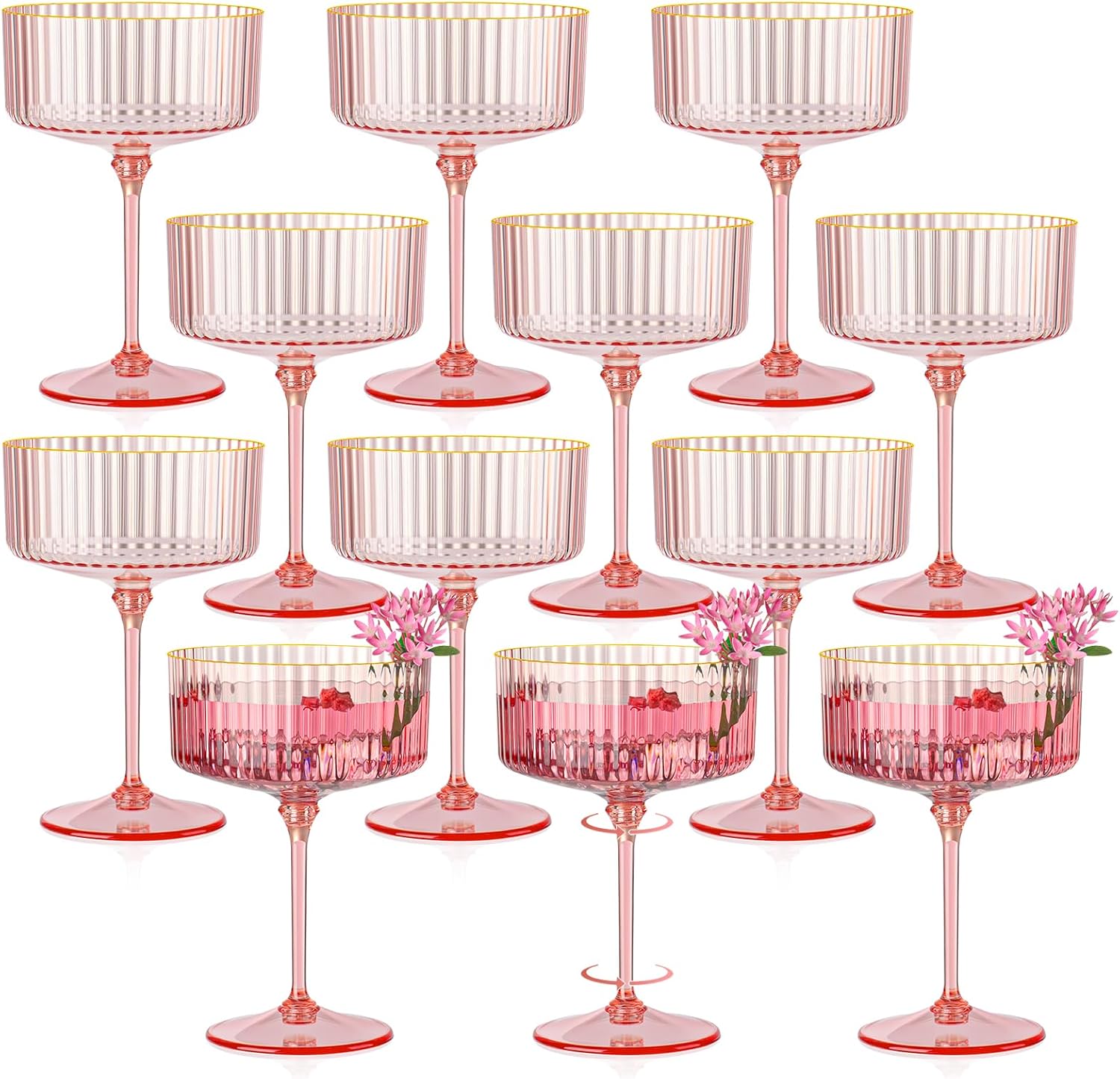 Skiennix 12 PCS Pink Ribbed Coupe Glasses - 10oz Vintage Cocktail Cups with Detachable Gold Rim