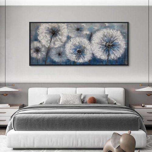 Blue Dandelion Canvas Wall Art - Large Modern Floral Print for Living Room & Bedroom Decor