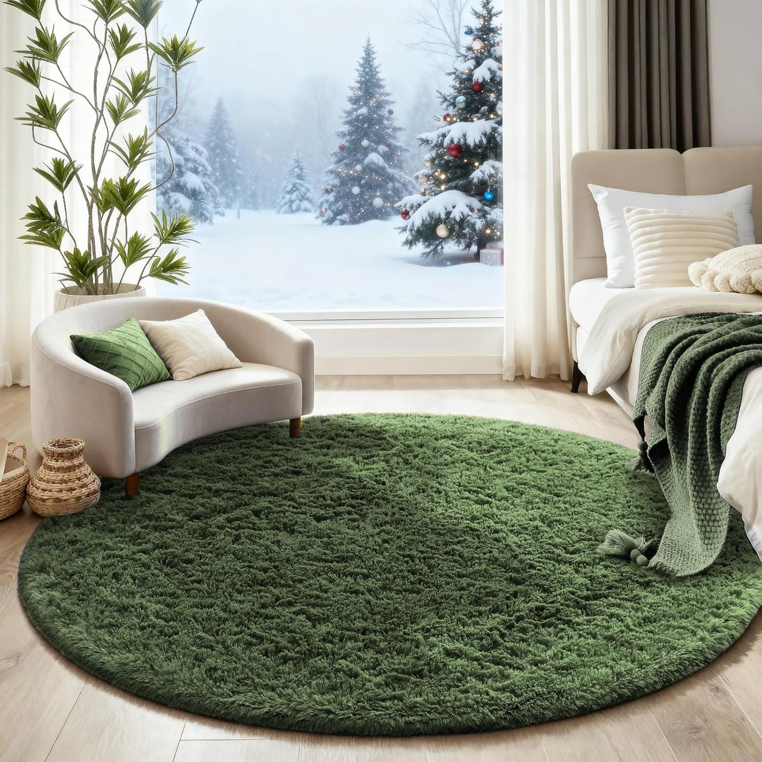 Ophanie Round Area Rug - 5Ft Grey Green Circle Design | Plush Soft Shaggy Carpet for Kids' Rooms