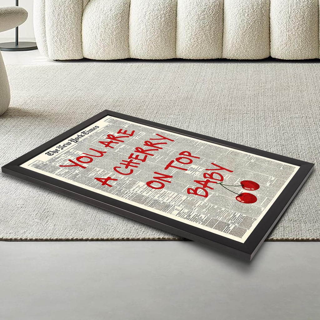 Skiennix Black And White Newspaper Canvas Wall Art - Inspiring "You Are A Cherry On Top" Quote | 8x10in Framed Decor
