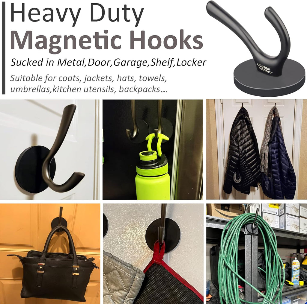 ULIBERMAGNET Heavy Duty Magnetic Double Hooks - Sturdy Coat & Towel Holders, 2 Pack (Black)