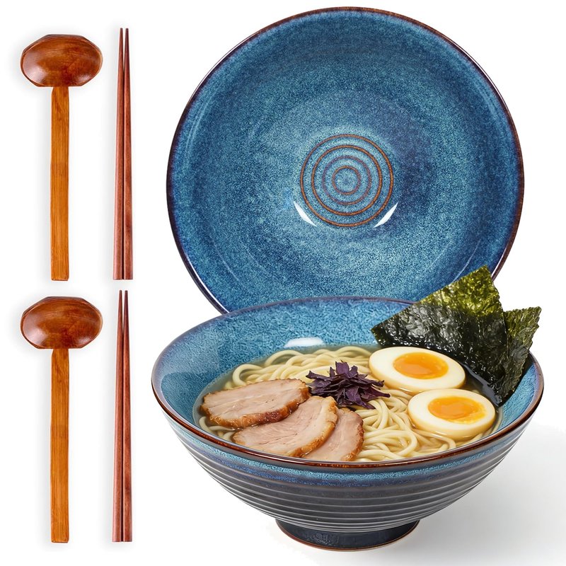 STE-CER Ceramic Japanese Style Ramen Bowl Set with Chopsticks,8 inch 40 oz Pho Bowls & Asian Soup Bowl and Spoons Set for Udon Noodle,Soba,Miso Soup,Set of 2 (blue)