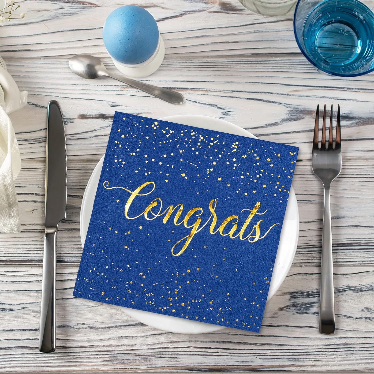 Whaline Graduation Cocktail Napkins - 80 Pack Blue & Gold Foil Congrats Design | Disposable Party Tableware