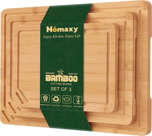 Homaxy Organic Bamboo Cutting Boards Set - 3-Piece Kitchen Board Set with Juice Groove & Handles | Ideal for Meat, Fruits & Vegetables