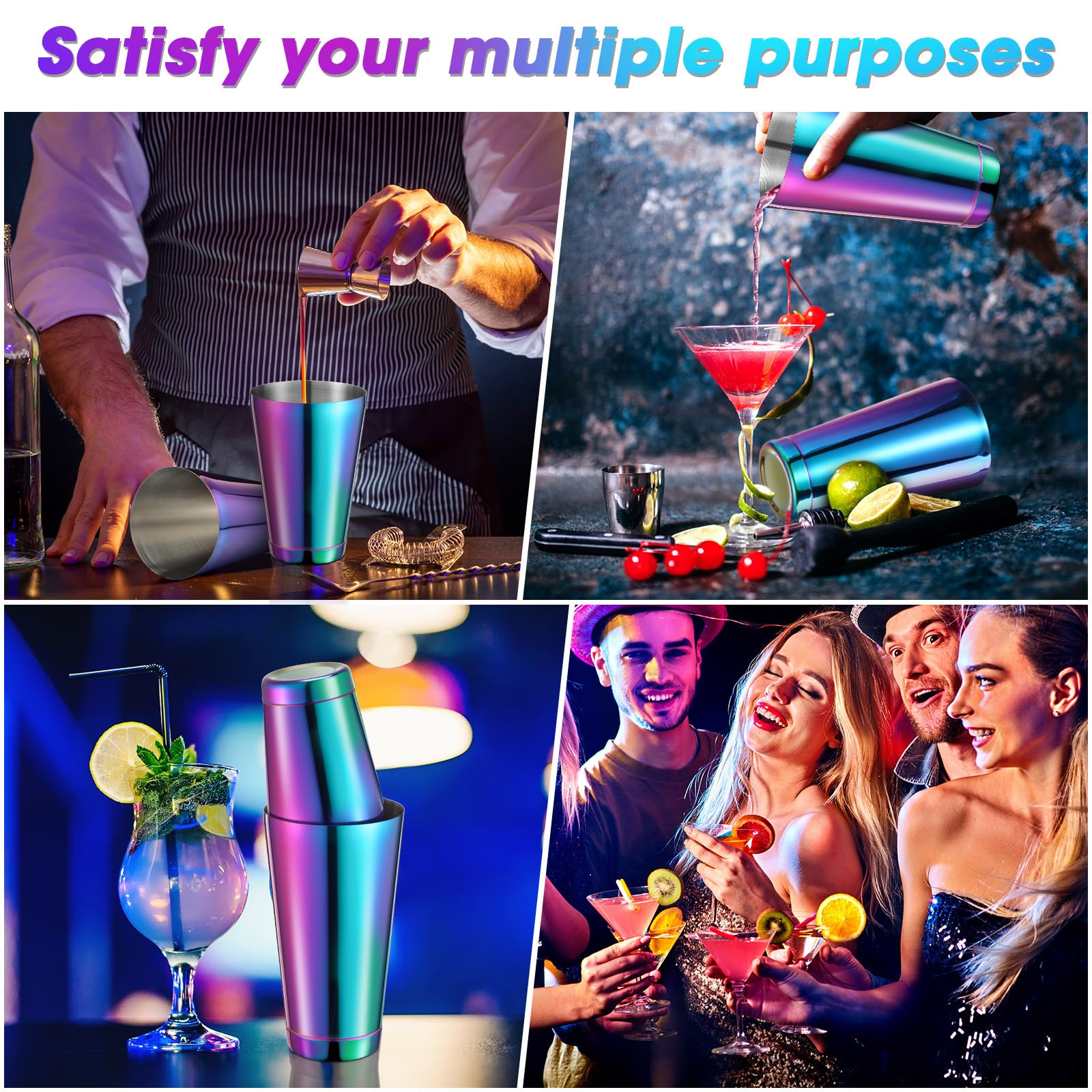 Lallisa 10 Pieces Cocktail Shakers Professional Bar Boston Shaker Set Stainless Steel Martini Shaker Drink Mixer Basic Tools Weighted Shake Metal Can for Bartenders, 18 Oz, 28 oz (Rainbow)