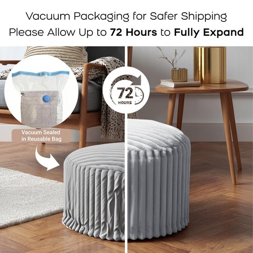 DAWNYIELD Luxury Round Stuffed Floor Poufs Ottoman, Stripe Faux Fur Footrest with Dual Layer Comfort, Removable Washable Cover, 20"x15" Plush Pouf Shaggy Stool for Living Room Bedroom, Gray